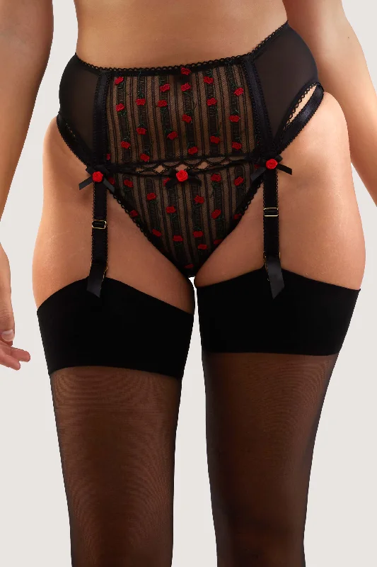 padded bras for added volumeElodie Black and Red Rosebud Embroidery Suspender Belt