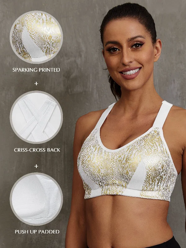 Bra with a low - cut cup for a more revealing style​ High Impact Sparkly Padded Racerback Sports Bras White