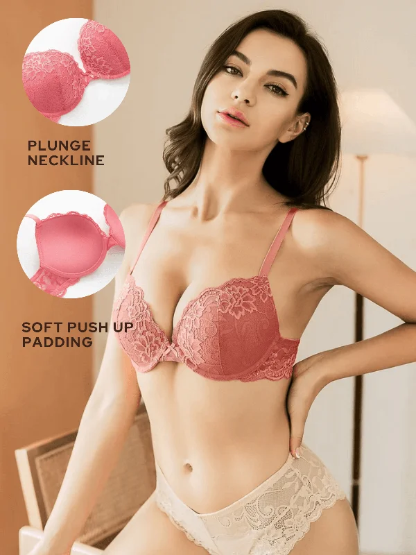 Bra with a silk - lined cup for a luxurious texture Lace Push Up Bra Lightly Padded Demi Plunge Bra Bean Red Bra with a silk - lined cup for a luxurious texture Lace Push Up Bra Lightly Padded Demi Plunge Bra Bean Red