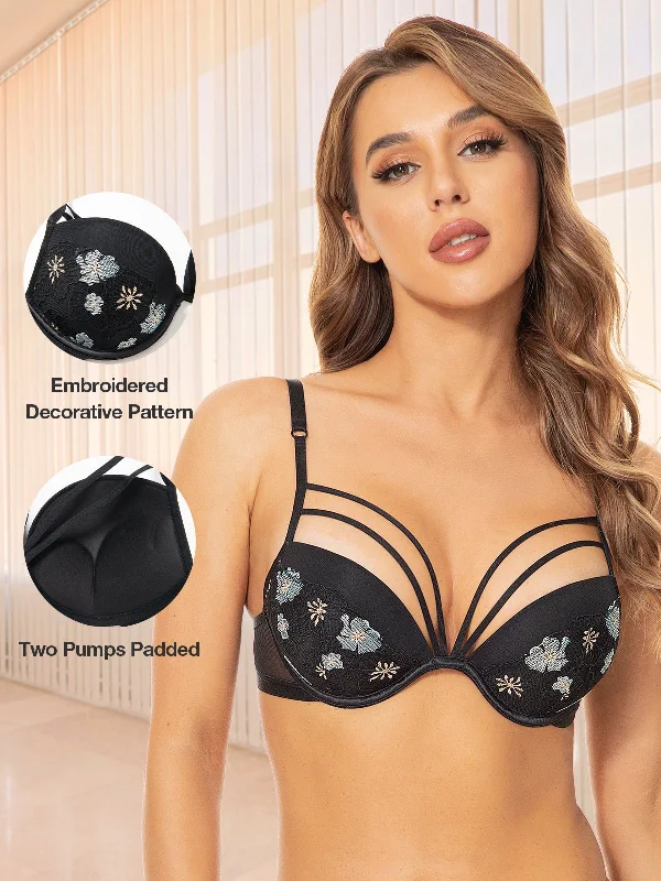 Bra with a push - up insert for extra cleavage on demand Floral Lace Embroidery Push Up Bra Black Bra with a push - up insert for extra cleavage on demand Floral Lace Embroidery Push Up Bra Black