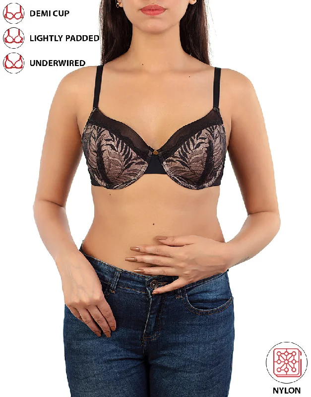 underwire sports bras for extra stabilityLOSHA FEATHER LIGHT PADDED  LACE DEMI CUP BRA-BLACK