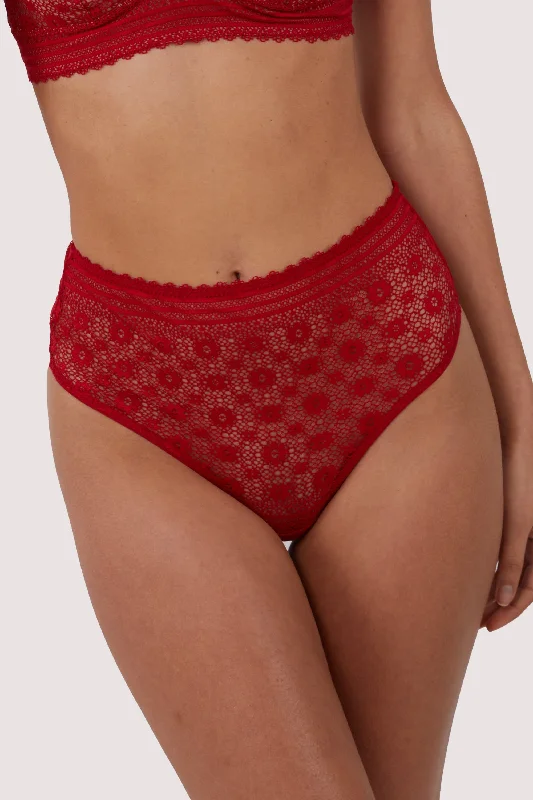 Bra with a seamless memory foam cup for a smooth silhouette Maia Red High Waisted Lace Thong Bra with a seamless memory foam cup for a smooth silhouette Maia Red High Waisted Lace Thong