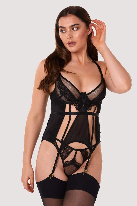 Bra with a polyester - lined cup for durability and moisture - wicking Fleur Black Caged Lace Basque Bra with a polyester - lined cup for durability and moisture - wicking Fleur Black Caged Lace Basque
